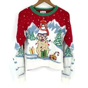 NWT Major Major Juniors Small Christmas Sweater‎ Dog In Snow Red Knit 3D Blinged